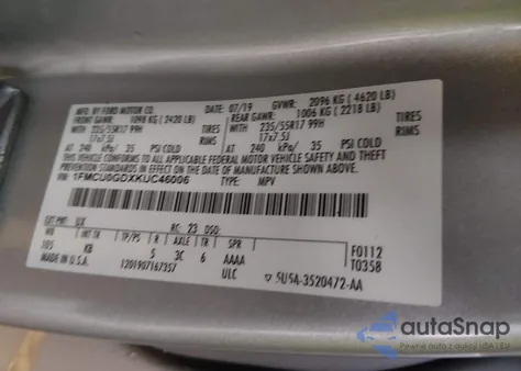 2019 Ford Escape Se z USA, uszkodzony, nr VIN 1FMCU0GDXKUC46006